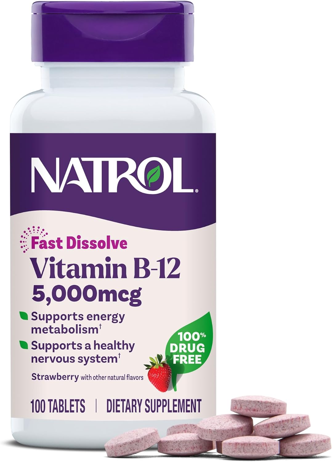 Natrol B12 Fast Dissolve tablets on a travel backpack beside a passport and boarding pass