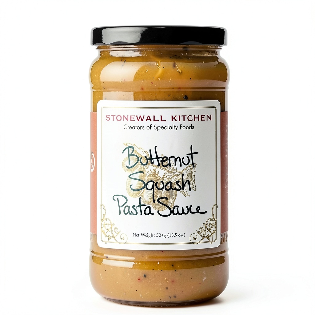 Stonewall Kitchen Butternut Squash Pasta Sauce jar opened on a kitchen counter, showing glossy sauce texture