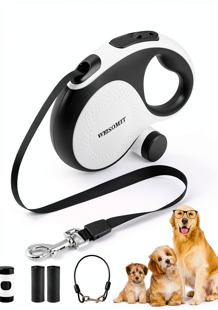 Owner walking a large dog on a beach with a WRSOMIT retractable leash