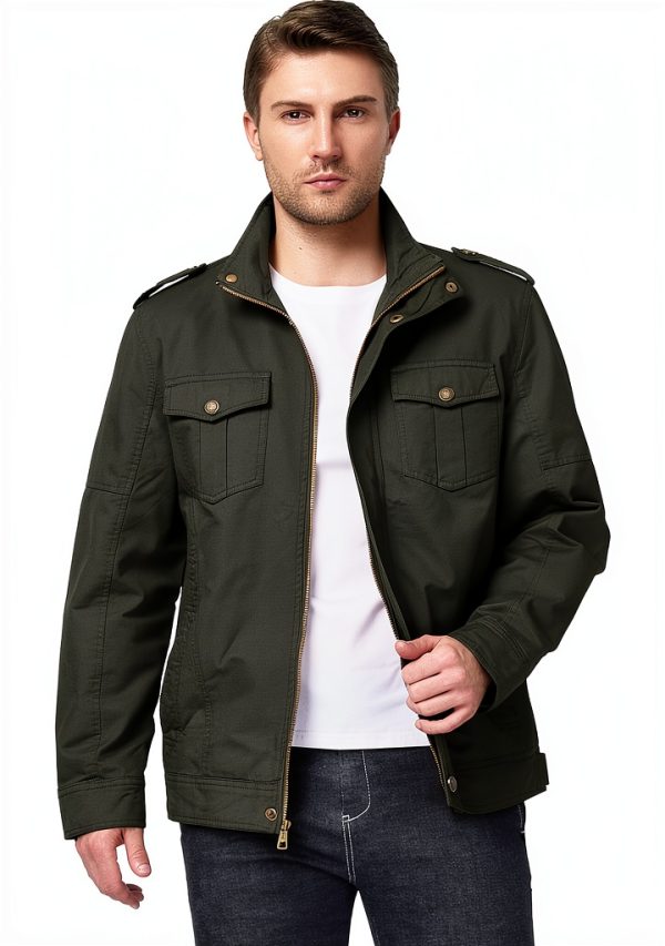 WenVen Men's Casual Washed Cotton Military Jacket in Army Green-6