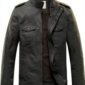 WenVen Men's Casual Washed Cotton Military Jacket in Army Green-0