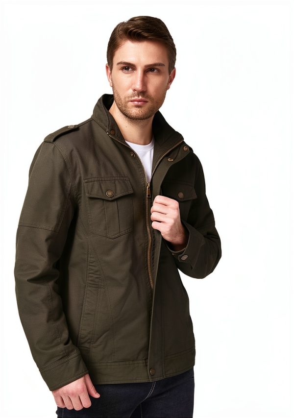 WenVen Men's Casual Washed Cotton Military Jacket in Army Green-4